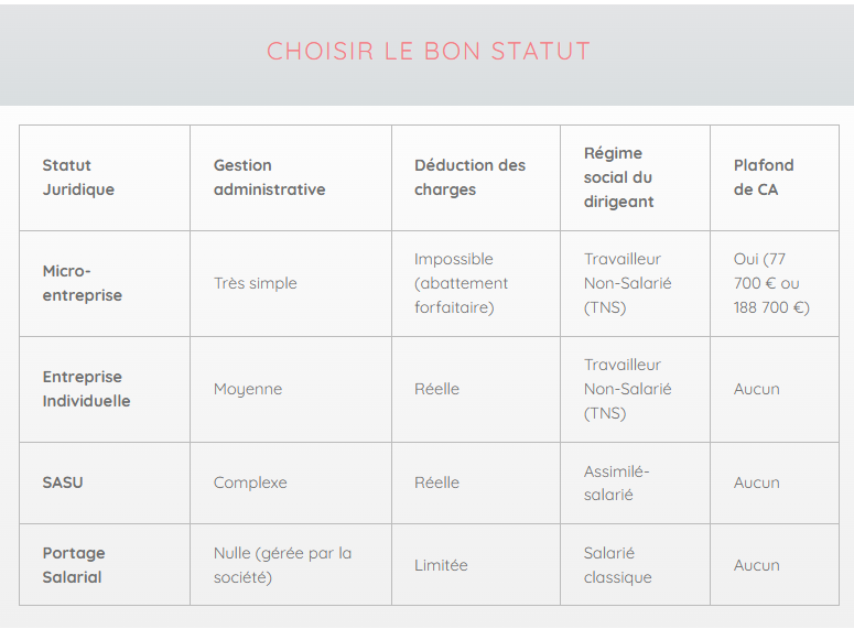 Les statuts d'entreprise pour une reconversion , tableau récap Les statuts d'entreprise pour une reconversion , tableau récap